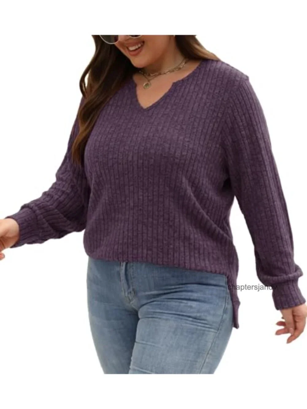 Women's Plus Size Tunic Sweater Long Sleeve V-Neck Loose Knit Top